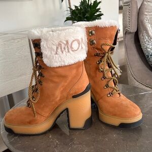 Moncler Tan Lace-Up Shearling-Trim Winter Boots